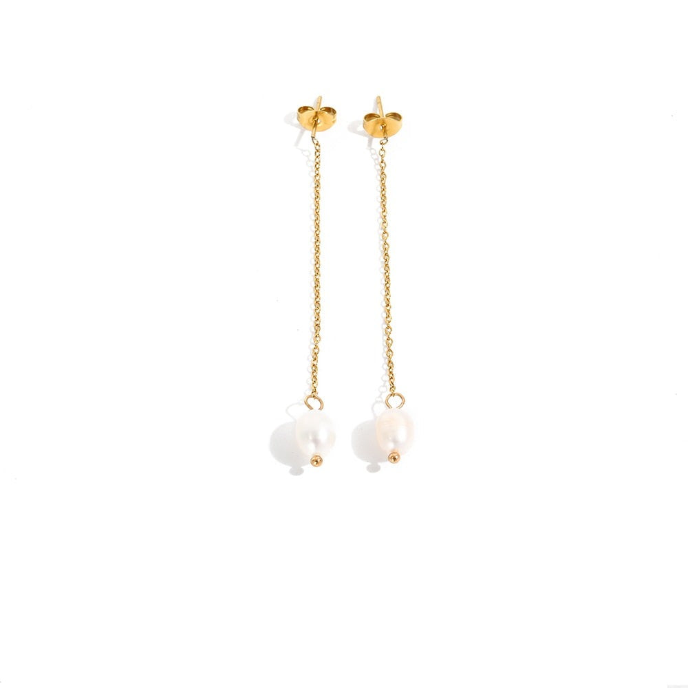 Long Chain Freshwater Pearl Stainless Steel Dangle Earrings