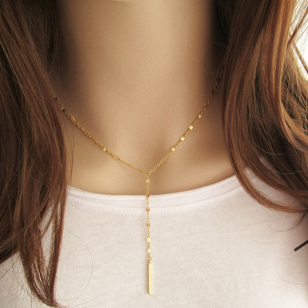 Luxury Minimalist Bamboo Chain Pendant Choker Stainless Steel Necklace